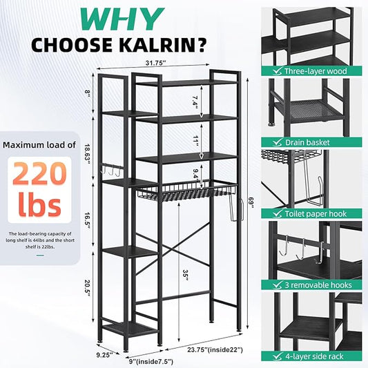 Kalrin 8-Tier Over The Toilet Storage with Side Rack, Over Toilet Storage Rack with Adjustable Shelf & Drain Basket, Freestanding Bathroom Organizer for Balcony, Laundry (Pure Black)