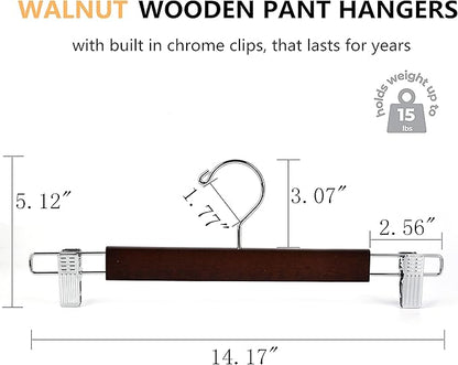 Amber Home 10 Pack 14.17" Solid Walnut Wooden Pant Skirt Hangers, Bottom Hangers for Slacks Trousers Jeans with 2-Adjustable Anti-Rust Clips (Walnut, 10 Pack)