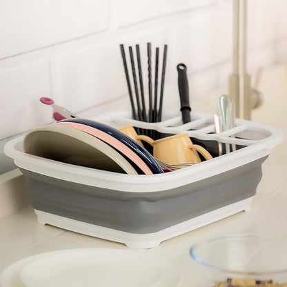 SAMMART 8L (2.11Gallons) Collapsible Dish Drainer - Foldable Drying Rack - Portable Dinnerware Organizer - Space Saving Kitchen Utensil Storage Tray (White/Steel Grey)