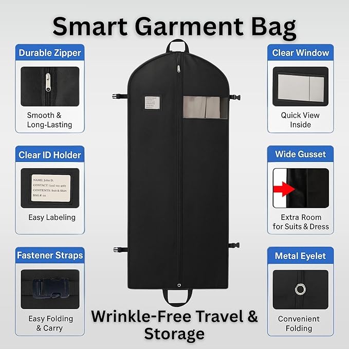 Party Bargains Garment Bag 59-Inch – Non-Woven Hanging Clothes Storage Cover for Suits, Dresses & Coats, Zippered for Closet or Travel (Black)