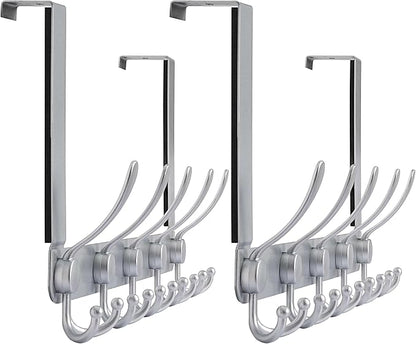 Dseap Over The Door Hook Hanger - Fits 1 3/8" to 1 3/4" Standard Doors | 5 Tri Hooks Heavy Duty Towel/Coat Rack | Door Organizer for Clothes, Jackets, Hats, Towels, Silver, Pack of 2