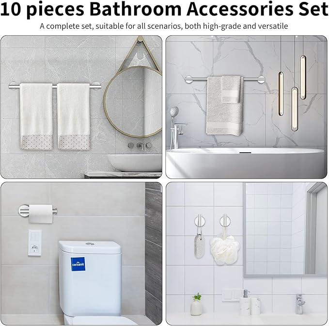 Newfun 10-Pieces 24 Inch Brushed Nickel Bathroom Hardware Set, Includes 24 Inch Towel Racks for Bathroom Wall Mounted, Toilet Paper Holder, Towel Hooks for Bathrooms, Towel Rings for Bathroom Wall