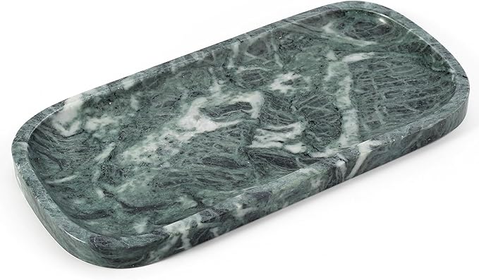 Koville Marble Tray, 10"x5" Marble Vanity Tray for Bathroom Countertop Kitchen Sink, Rectangular Stone Tray for Perfume Fragrance, Decorative Catchall Tray Jewelry Cosmetics Organizer(Green)