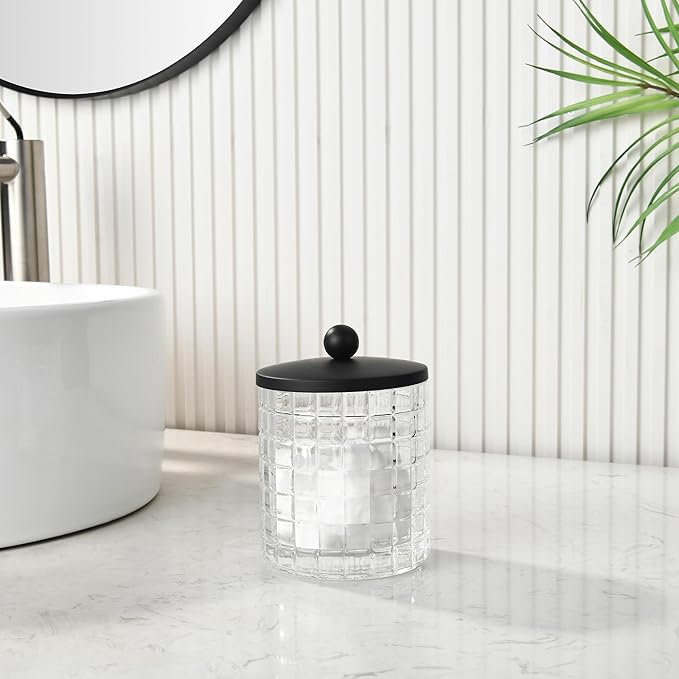 Indecor Home Glass Cotton Jar Holder Matte Black Lid, Elegant Bathroom Storage Canister for Qtips, Cotton Balls, Floss, Makeup Organizer, Vanity Bathroom Organization