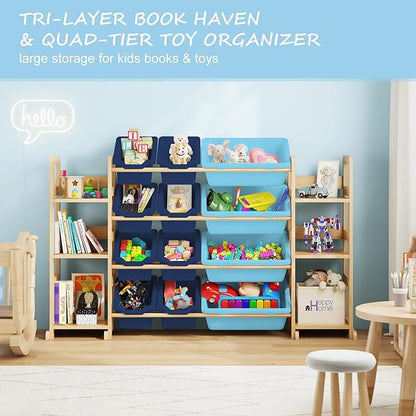 Extra Large Toy Storage - Toy Storage Organizer, Wooden Toy Organizer with 6 Side Shelves and 12 Bins, 3-in-1 Bookshelf for Kids Rooms, Playroom, Nursery, Blue