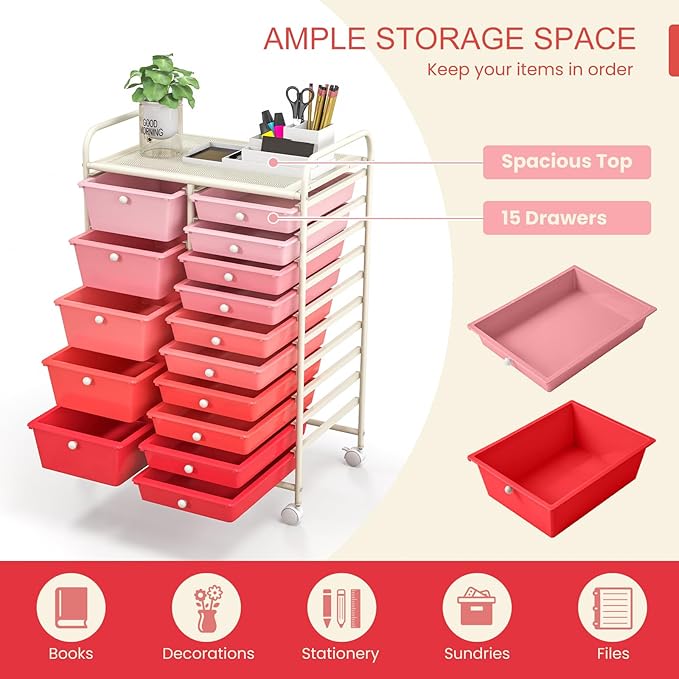 KOTEK 15-Drawer Rolling Storage Cart, Multipurpose Mobile Utility Cart with 4 Wheels, Home Office School Tools Scrapbook Paper Organizer (Pink)