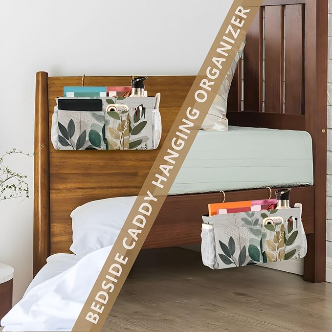 CuwrYet Bedside Caddy Hanging Bunk Bed Caddy Bed Organizer Hanging Pocket with 2 Hooks Bedside Storage Organizer Pocket Bag Holder Beige Boho Style Leaves