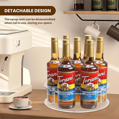 IEEK Large Rotating Coffee Syrup Organizer 7 Bottles Clear Acrylic Coffee Syrup Rack for Countertop Syrup Bottle Holder Stand With Anti Slip Pad for Coffee Bar Station,Turntable Wine Display Tray
