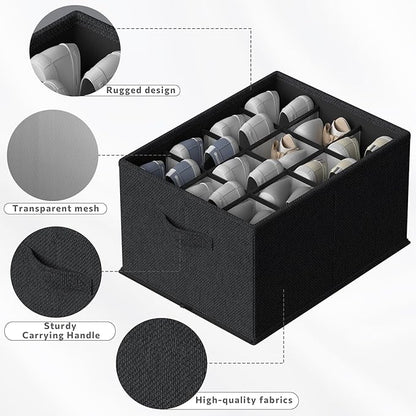 FHSQX 4 Pack Shoe Organizer for Closet,Foldable Shoe Organizer,Fits up to 48 Pairs,Storage Containers With Bottom Support for Shoes (Black, (16.5 * 12.6 * 9.5) x4)