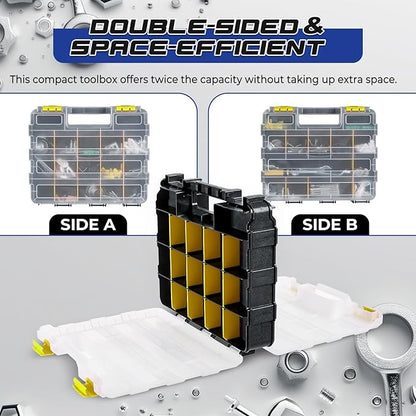 NATGAI 2 Pack Small Parts Organizers, 34-Compartments Double-Sided Tool Box with Removable Dividers for Hardware, Screws, Bolts, Nails & Fishing Accessories, Durable Plastic Storage Case (Yellow)