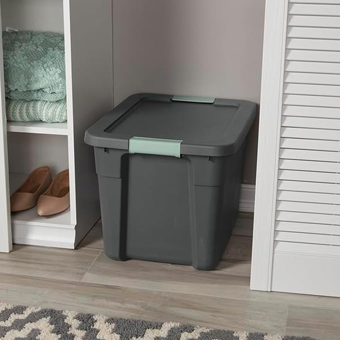 Sterilite 18 Pack Latch Tote, Stackable Plastic Storage Container, 12 Gallon, Gray/Green