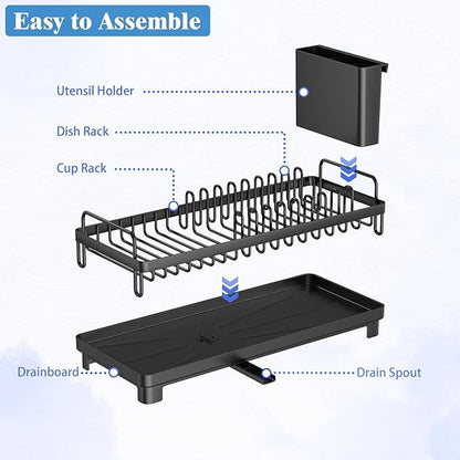 CHLORYARD Small Dish Drying Rack, Compact Sink Dish Drainer Plate Rack Organizer with Utensil Holder and Drainbaord for Kitchen Counter, RVs, Apartments
