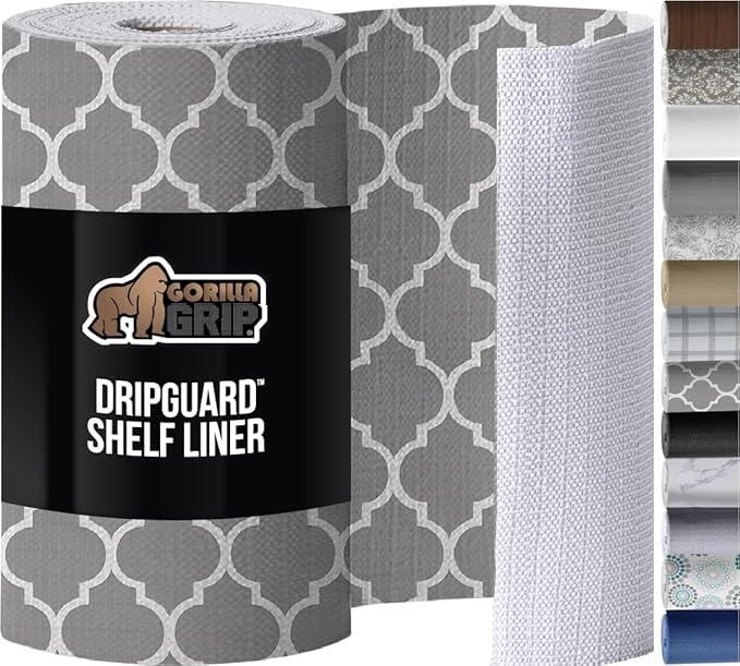 GORILLA GRIP Slip Resistant Drawer and Shelf Liner 2 Pack, Non Adhesive Water Resistant, Easy Clean and Trim, Smooth Surface Liners for Kitchen Cabinet Shelves Drawers Pantry 17.5IN x 20FT, White Gray