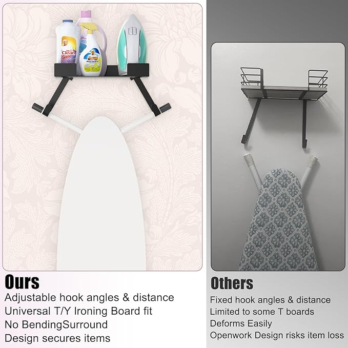 Ironing Board Holder Wall Mount,Ironing Board Hanger Wall Mount for T&Y Leg Ironing Board, T&Y Shaped Space Saving Iron Holder Hanger for Laundry Room Decor and and Storage with Large Storage (Black)