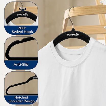 SereneLife Non-Slip Velvet Hangers, Mega Pack, 150 Pieces Hangers for Clothes, Heavy Duty Cloth Hanger Set with 360 Degree Swivel Hook, Black
