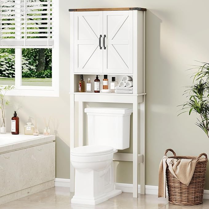 Halitaa Over The Toilet Storage Cabinet, Farmhouse Over Toilet Bathroom Organizer with 2 Barn Doors, Narrow Above Toilet Storage Cabinet, Behind Toilet Bathroom Organizer (Rustic White)