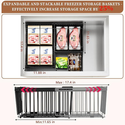 ANJUBAN Large Freezer Organizer Bins，Upgraded Bottom Leak-Proof net，2 Pack， Expandable Stackable Chest Freezer Containers with Handle，for Fridge, Deep Freezer, Cabinet, Kitchen, Pantry (Black-6Pack)