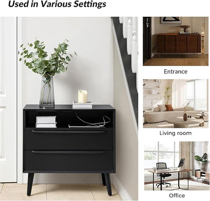 HULALA HOME End Table with Charging Station, Mid-Century Modern 2 Drawer and Open Shelf, Fluted End Table（Black）