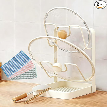 Pot Lid Holder While Cooking, 2026 Upgraded Kitchen Pot Lid Storage Rack, Double Layer Lid and Spoon Rest With Tray, Multifunctional Spatula Holder For Stovetop, Kitchen Counter (Double Layer-beige)