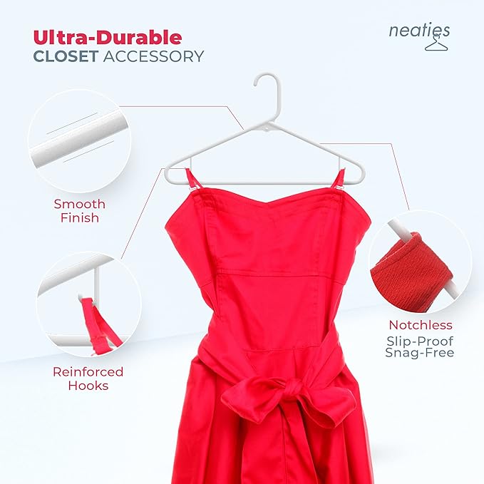 Neaties Plastic Hangers 100+ Pack (150 Count) – Made in The USA – 6lb Capacity Standard Clothes Hangers with Strap Hooks for Dresses, Lingerie, Shirts, Pants, and Jackets – Black