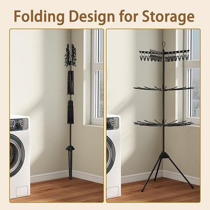 COSTWAY 3-Tier Clothes Drying Rack, Foldable Garment with 32 Hanging Rods & 24 Clips, 360° Rotatable Arms & Detachable Clip Rack, Collapsible Tripod Drying Rack for Laundry Room & Balcony, Black