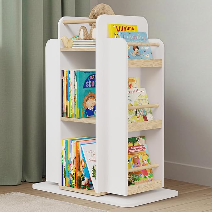 COVE & KIN Kids Rotating Bookshelf Organizer – 360° Montessori-Inspired Front-Facing Bookcase for Toddlers & Kids, Space-Saving Wooden Book Shelf for Nursery, Playroom & Bedroom