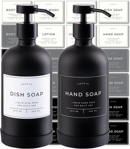 Hand and Dish Soap Dispenser for Kitchen and Bathroom, Set of 2 16 Oz Glass Bottles, Stainless Steel Pumps, Non-Slip Silicone Base, 27 Waterproof Labels (Matte Black Bottle/Black Pump)