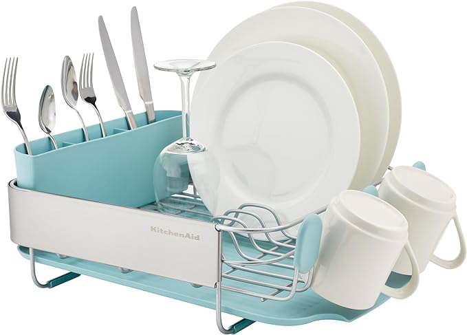 KitchenAid Compact Space Saving Rust Resistant Dish Rack with Removable Flatware Caddy and Angled Self Draining Drainboard, 12.63 x 15.87 x 5.54 Inch, Mineral Water