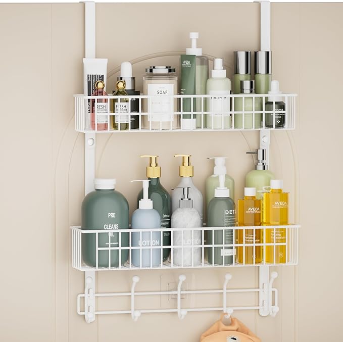 Aimeaihe Over The Door Hooks, Door Hanger Towel Rack with 10 Coat Hooks & 2 Mesh Basket, Over Door Storage Organizer for Bathroom, Bedroom, Kitchen, Office, Easy Installation, White