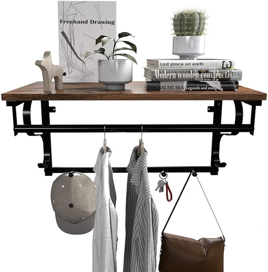 VASAGLE Coat Rack Wall Mount, Wall Hooks with Shelf, Hanging Rail, 5 Hooks, for Entryway, Bathroom, Laundry Room, Rustic Brown and Black ULCR11BX