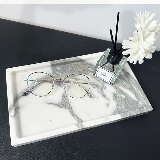 OAIQNUJ Natural White Marble Vanity Tray, 9.8"x5.9" Genuine Marble Stone Tray for Bathroom/Kitchen/Dresser (Arabescato)