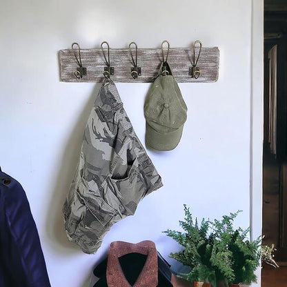 Wooden Coat Rack Wall Mounted with 5 Hanger Hook, for Porch, Kitchen, Bedroom, Hallway, Antique Farmhouse Rustic Character, Mahogany Wood, (Aged Whitewash Bronze Hook)