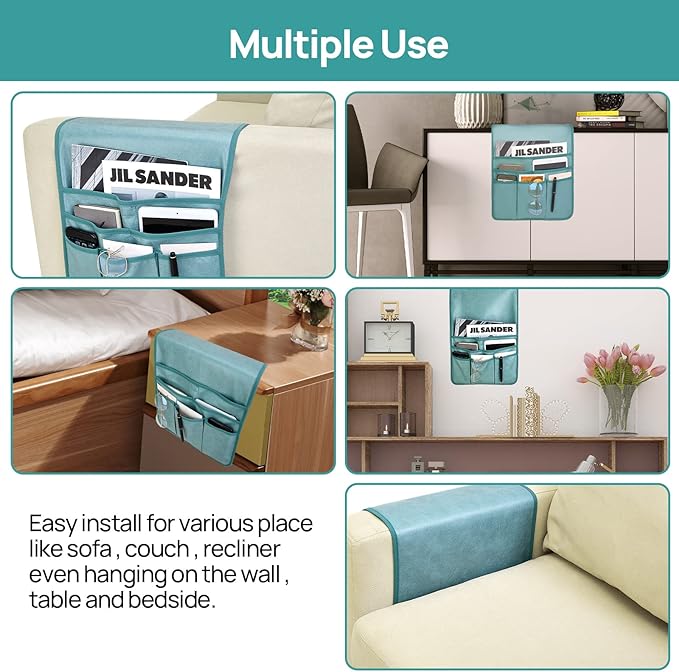 Teniux Remote Control Holder Faux Leather Armrest Organizer with 6 Pockets for recliner couch sofa, Armchair Caddy for Smart Phone, Book, Magazines, Ipad, Remotes (Teal)
