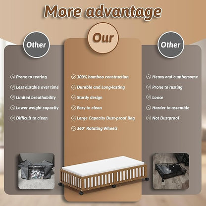 Bamboo Under Bed Storage Containers with Wheels, 2 Pack Large Under the Bed Shoe Storage Bins, Wood Rolling Underbed Drawers Organizer for Bedroom Closet Clothes Blanket Under Crib Toy Walunt