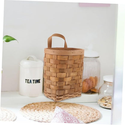Natural Wood Hanging Basket Organizer for Kitchen and Wall Storage Woven Basket with Handle for Household Items Rustic Wall Decor Multi Purpose Hanging Storage Bin