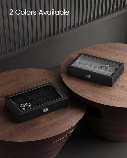 SONGMICS 24-Slot Watch Box, Lockable Watch Storage Case with Glass Lid, Gift Idea, Ink Black Synthetic Leather, Ink Black Lining UJWB024B02