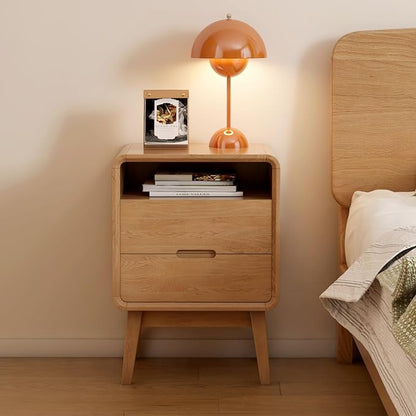 Vadisun 100% Solid Oak Wood Nightstand with 2 Drawers, Mid Century Modern Night Stand with Open Shelf, Wooden Nightstand, Small Night Stand for Small Spaces, Oak Bedside Table for Bedroom(23.23" H)