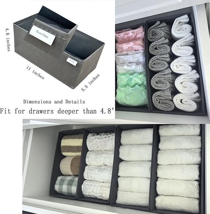 Drawer Organizer Set of 4 Light Grey - Fabric Storage Bins for Clothes, Underwear, Socks & Bras - 11" Dresser Dividers for Bedroom Closet