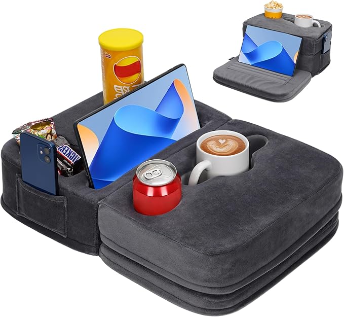 2IN1 Couch Cup Holder Pillow - Sofa Cup Holder Pillow with 7 Holes and Side Pocket | Couch Caddy for Cups, Headphones, Snacks and Phones | Use it on Car, Pack, Beach, RV - Gray