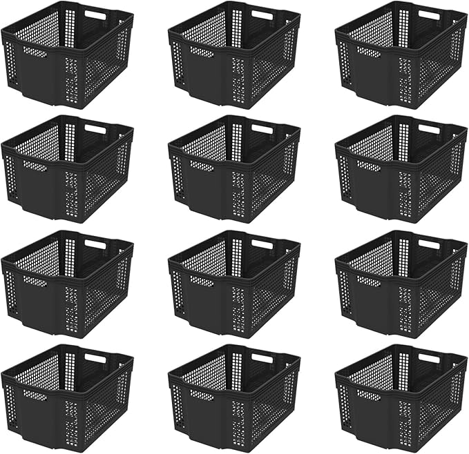 Set of 12 Plastic Large Basket for Pantry Organizing, Plastic Stackable Storage Basket Organizer for Shelf, Black