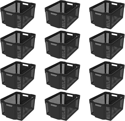 Set of 12 Plastic Large Basket for Pantry Organizing, Plastic Stackable Storage Basket Organizer for Shelf, Black