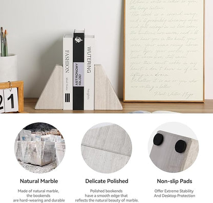 Marble Book Ends for Heavy Books, Decorative Bookends for Shelves, Durable and Heavy-Duty Bookends for Hardback Book & CDS, Off-White Unique Books Stopper & Holder, Set of 2