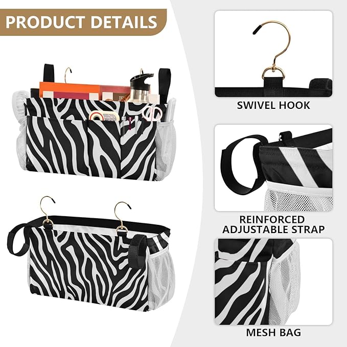 CuwrYet Bedside Caddy Hanging Bunk Bed Caddy Bed Organizer Hanging Pocket with 2 Hooks Bedside Storage Organizer Pocket Bag Holder White Black Zebra Print