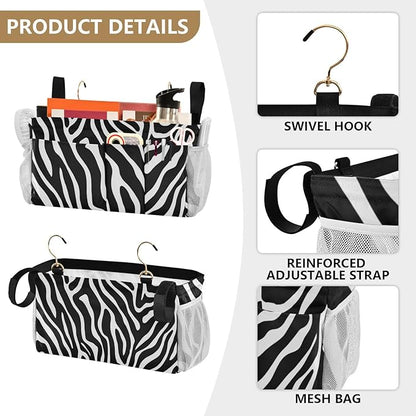 CuwrYet Bedside Caddy Hanging Bunk Bed Caddy Bed Organizer Hanging Pocket with 2 Hooks Bedside Storage Organizer Pocket Bag Holder White Black Zebra Print