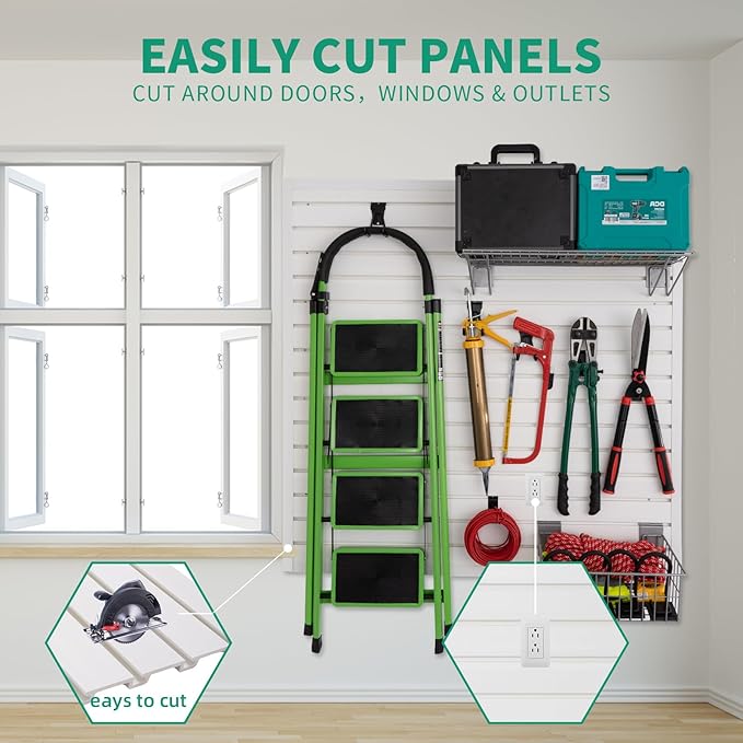 Slatwall Panel 4'x8' with 15 Accessories Garage Tool Organizer Wall Mount PVC Panels for Interior Wall Décor, White Slat Wall Paneling Bike Rack Garage Storage & Organization Products
