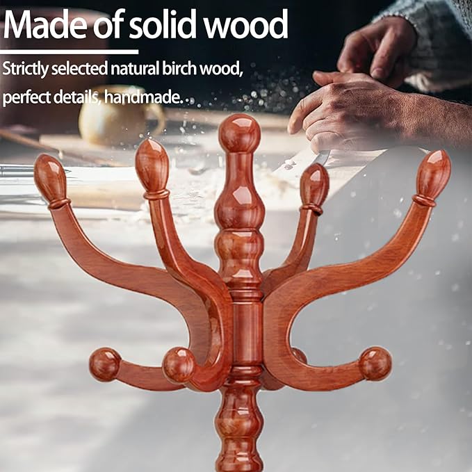 Wood Coat Rack, Heavy Duty Coat Rack Freestanding with 11 Smooth Hooks, Vintage Coat Tree, Clothes Hanger Stand with Stable Disc Base for Entryway, Bedroom (Light Brown)