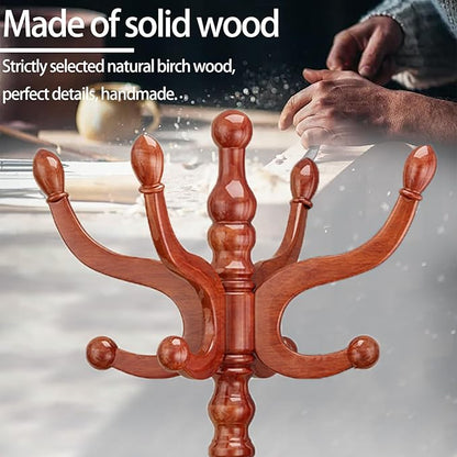 Wood Coat Rack, Heavy Duty Coat Rack Freestanding with 11 Smooth Hooks, Vintage Coat Tree, Clothes Hanger Stand with Stable Disc Base for Entryway, Bedroom (Light Brown)