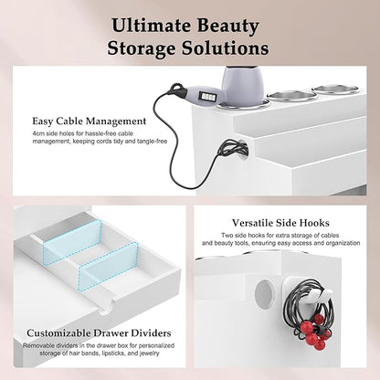 QooWare Hair Tool Organizer, Wood Hair Dryer Holder with Drawer & 3 Stainless Steel Cups, Versatile Bathroom Vanity Storage for Hair Styling Tools, Hot Tools, Brushes and Cosmetics - White