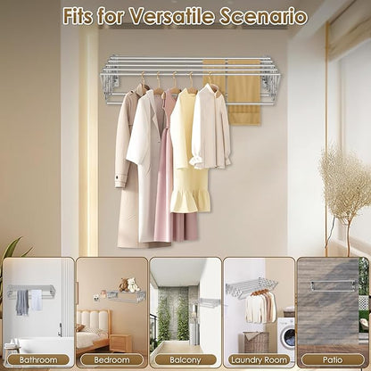 XL-31.5" Wall Mounted Clothes Drying Rack, 130 LBS Large Capacity Rustproof Retractable Clothes Rack, Collapsible Drying Rack Easy to Install with 7 Drying Rods, Space Saving for Laundry-White