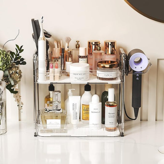 AmzAge Bathroom Countertop Organizer,Makeup Counter Organizer With Hair Dryer Holder,Compatible with Dyson Blow Dryer,Electric Toothbrush And Toothpaste Holder,2-Tier Detachable Design,Transparent